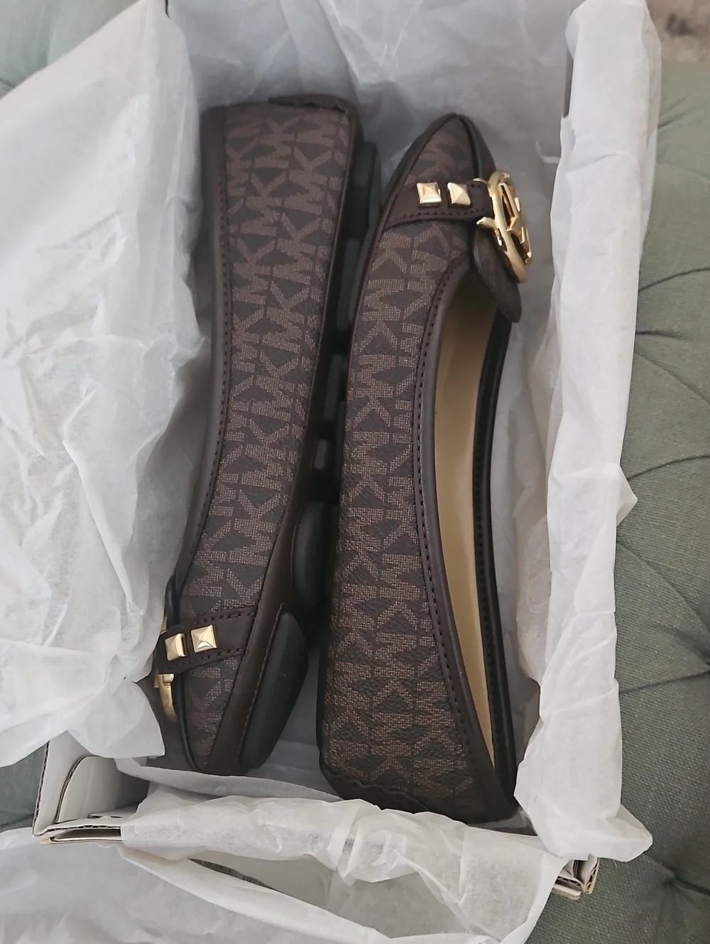Michael Kors Dark Brown MK Logo Ballet Flats with Gold Hardware